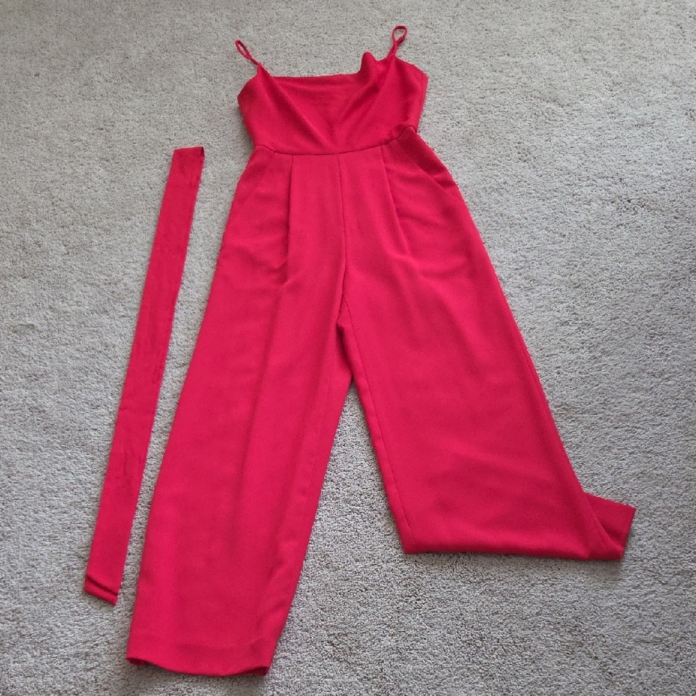 ANTONIO MELANI Vibrant Red Wide-Leg Spaghetti Strap Jumpsuit with Sash